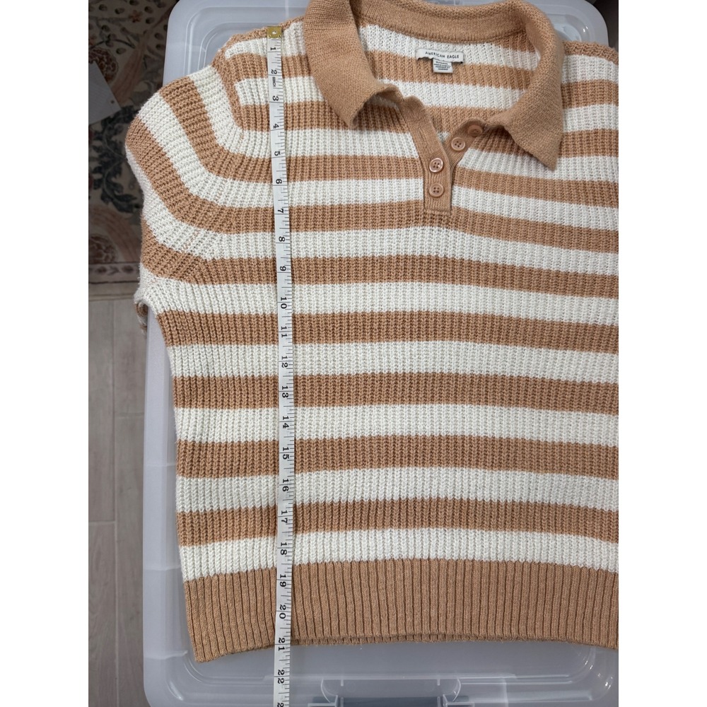 American Eagle Polo Sweater Womens XL Tan White Excellent Striped Ribbed Knit - Picture 8 of 8